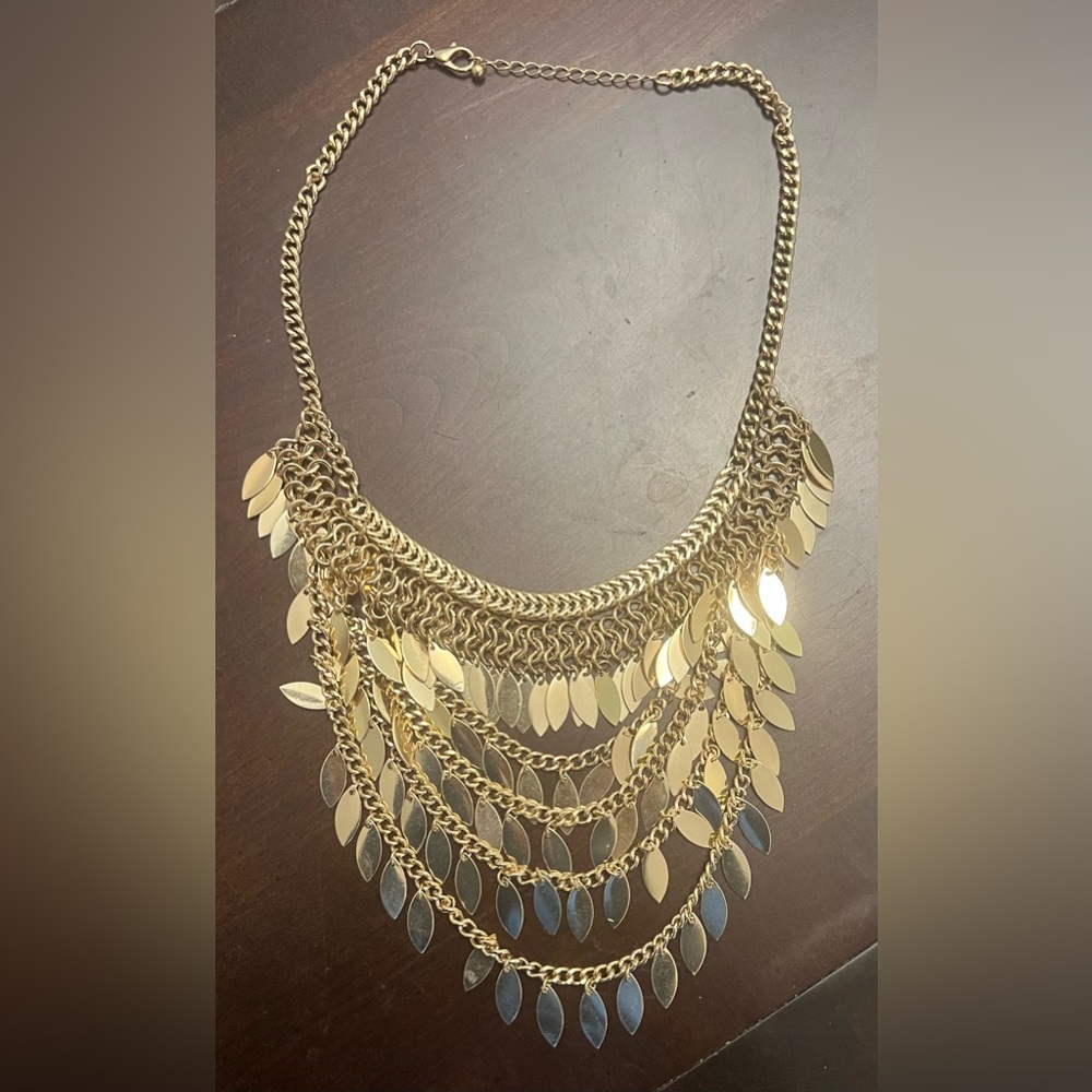 Bib Statement Necklace Gold Tone Cascading Metal Droplets Boho Belly Dance